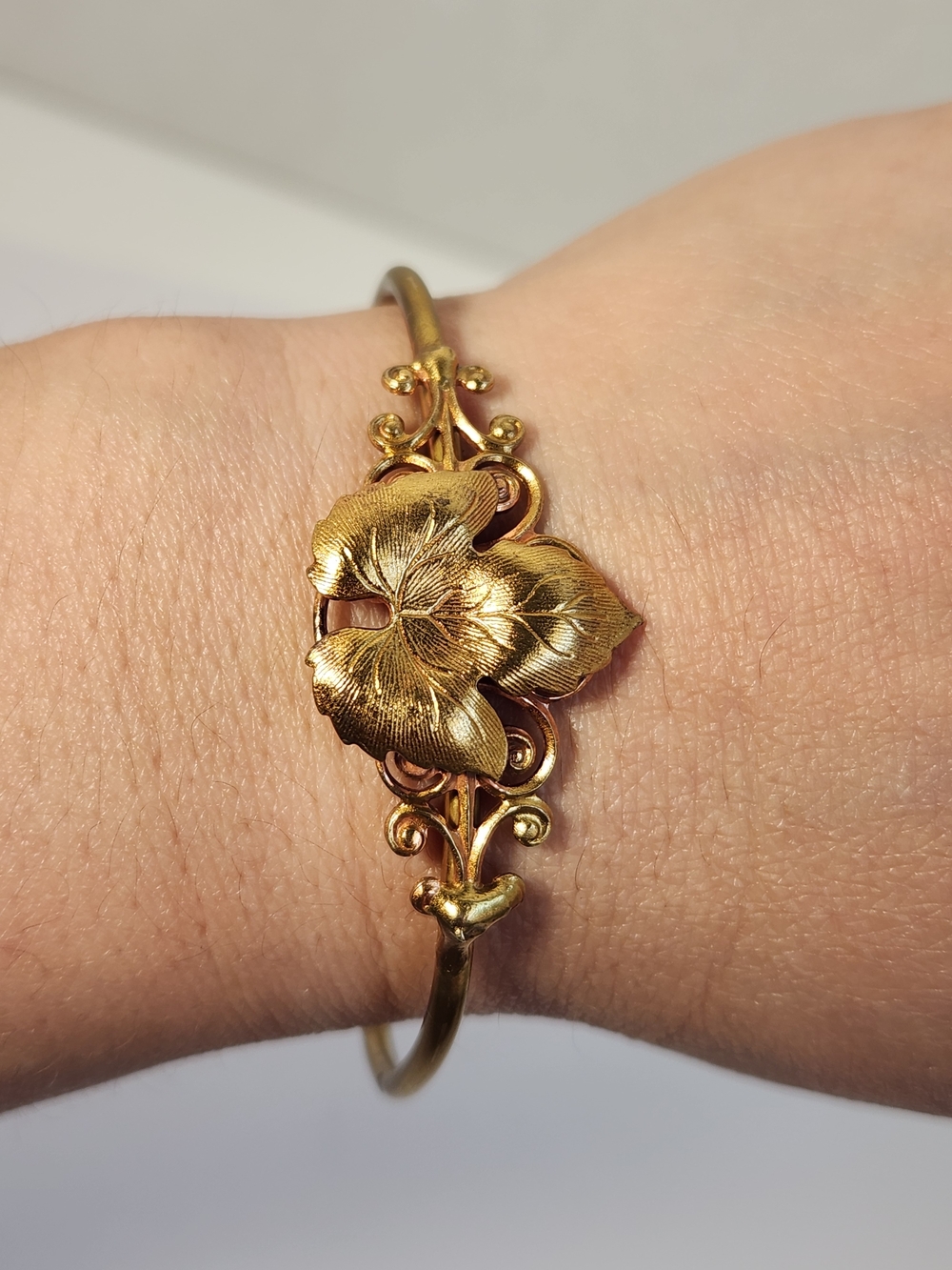 Vintage Gold Filled Grapevine Leaf Cuff Victorian Revival Botanical Bracelet